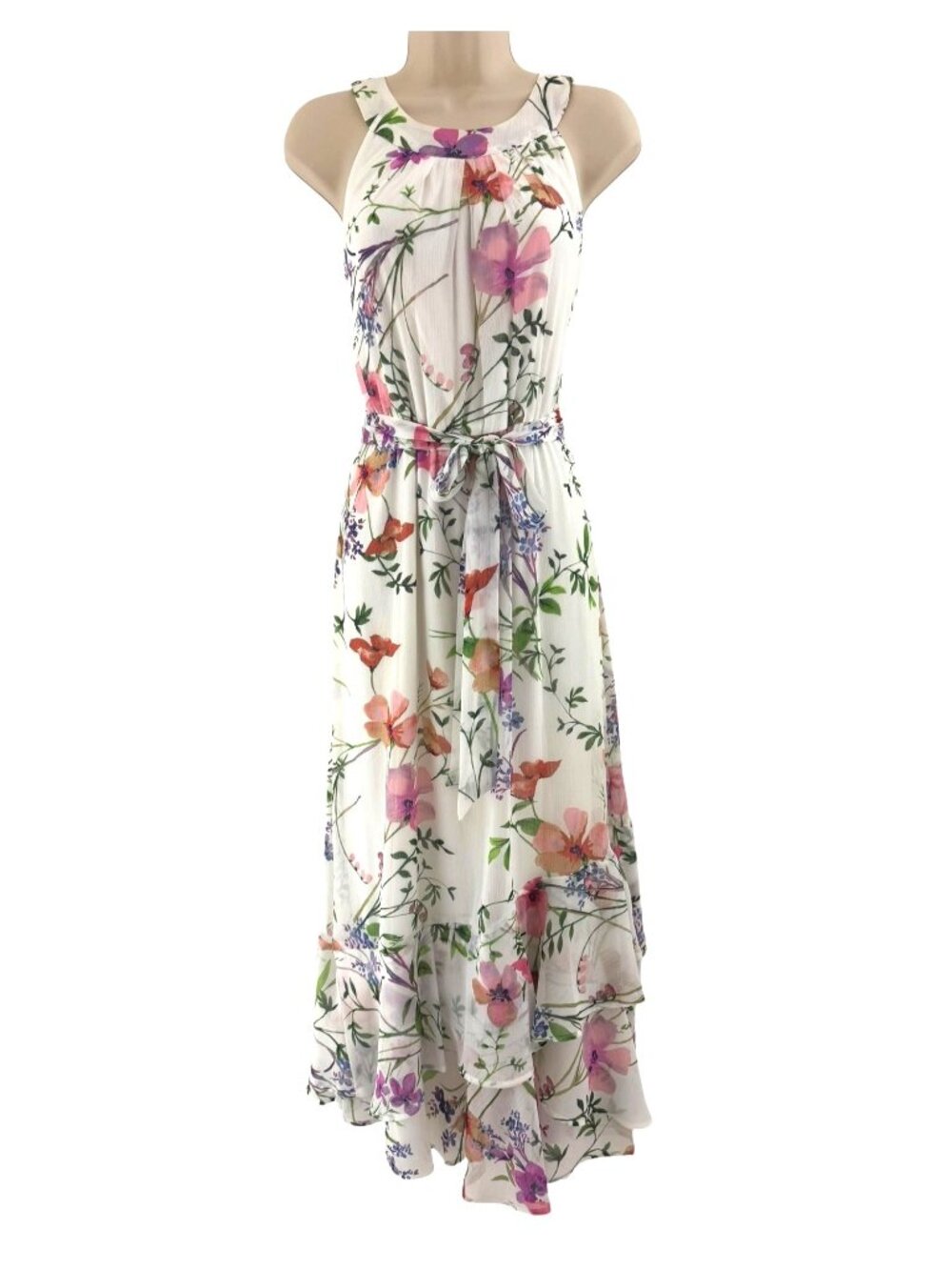 Calvin Klein White Floral Print Halter Chiffon Ruffle Maxi Dress w/Tie Size 8